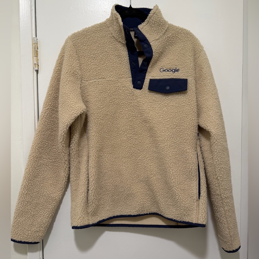 Google Sherpa Fleece Pullover Jacket Port Authority Beige Navy Size S